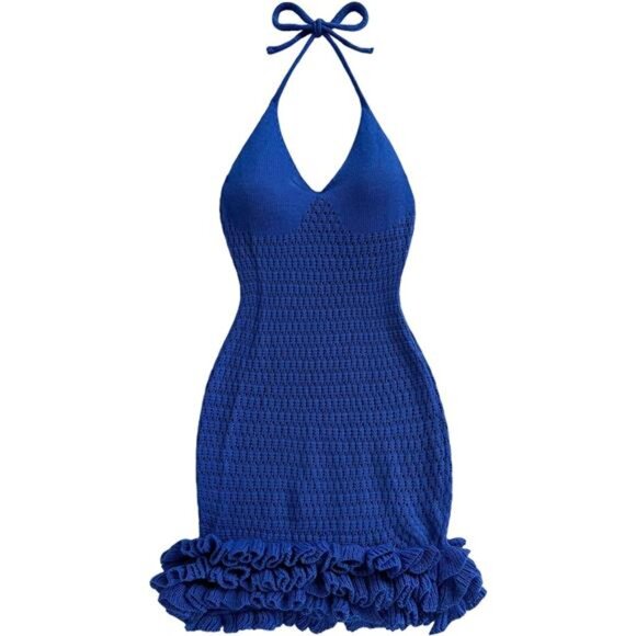 Women's Crochet Halter Bubble Mini Dress Royal Blue - Picture 1 of 5